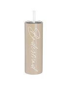 a tumbler with straw that says bridesmaid up the side