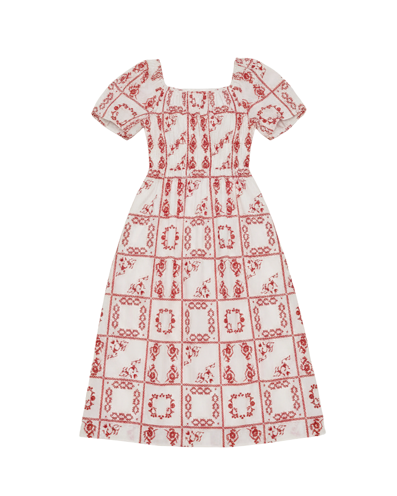 midi dress in red and white