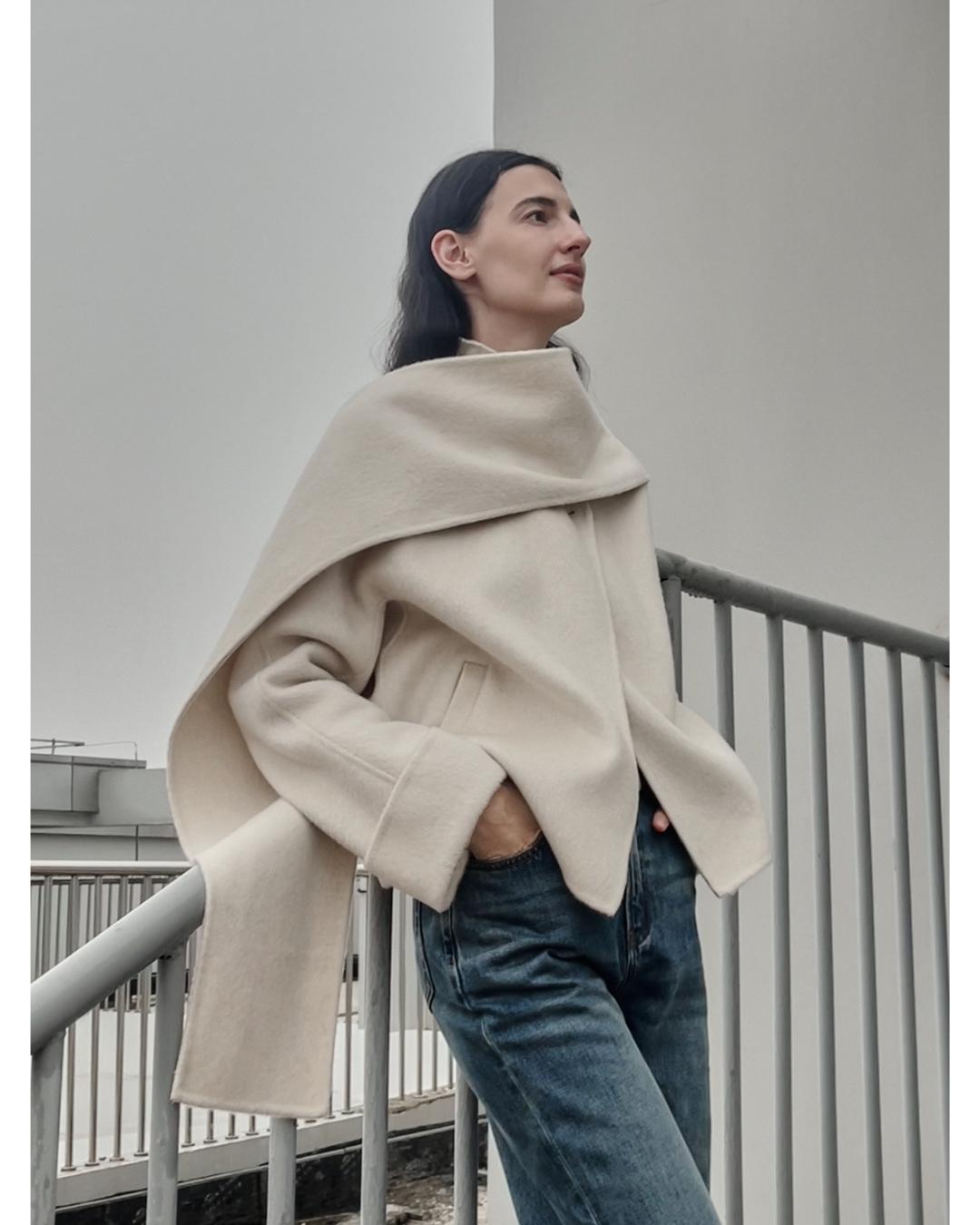 cream jacket with scarf