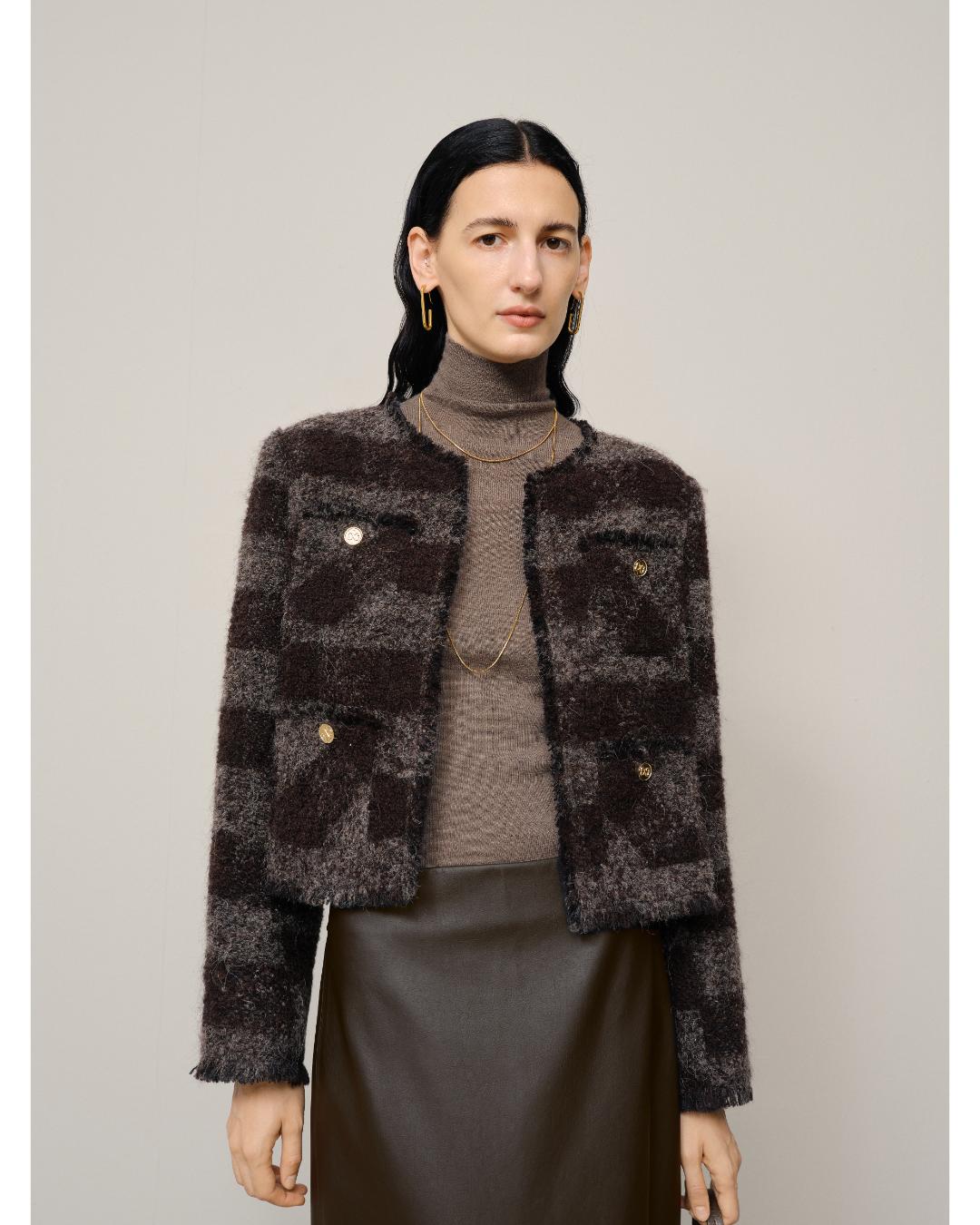 tweed short jacket in dark maroon