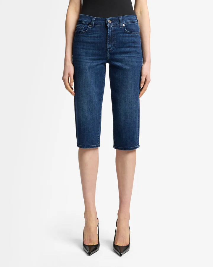 womens blue denim capri shorts by 7 for all Mankind