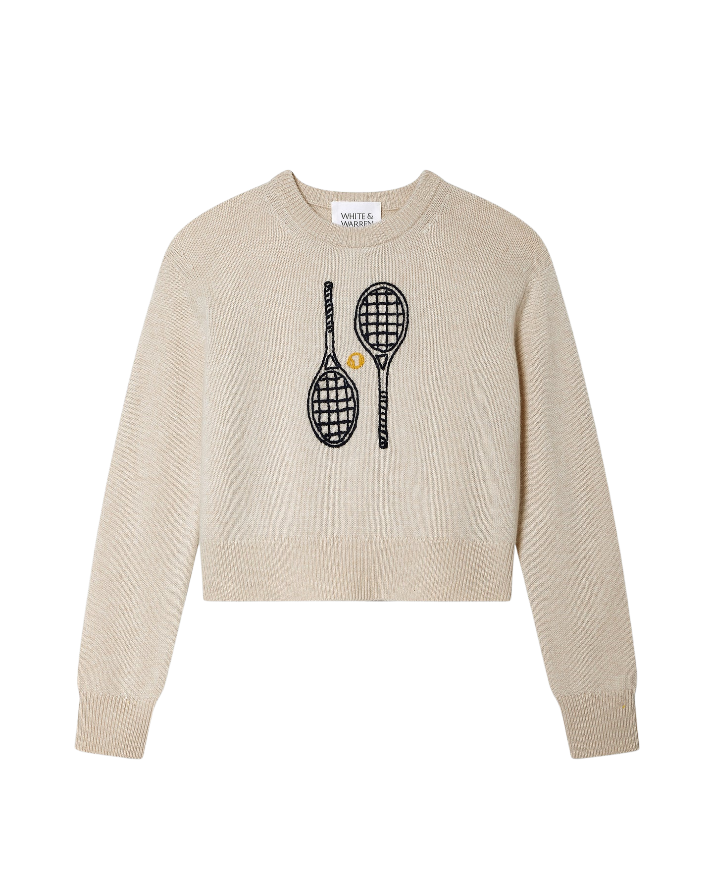 off white cashmere crewneck with embroidered tennis racquets on the front