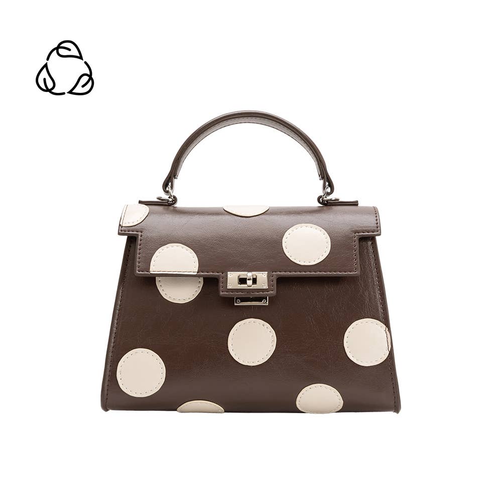 brown hand bag with cream polka dots