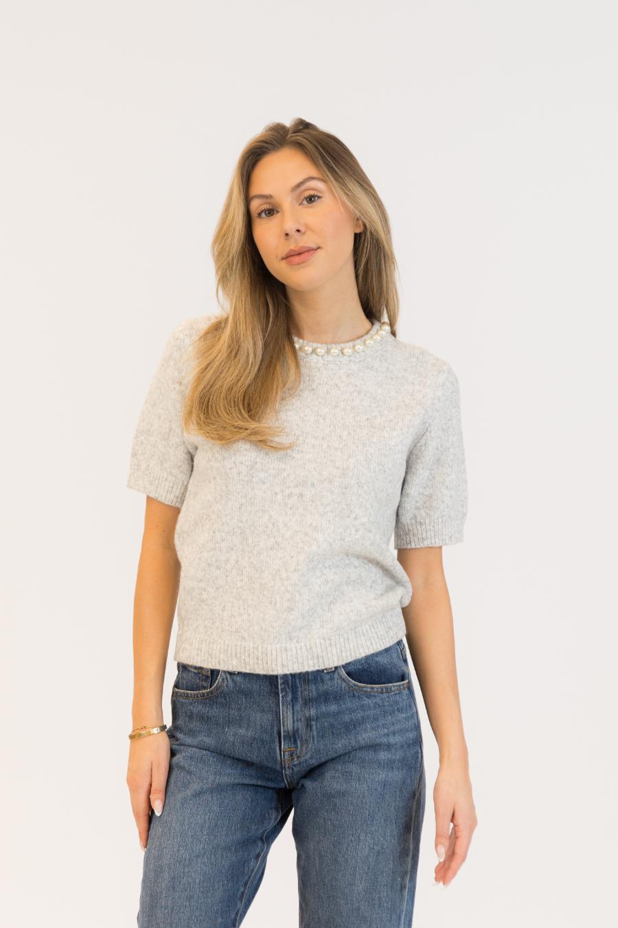 grey knit tee with pearls on the neck line