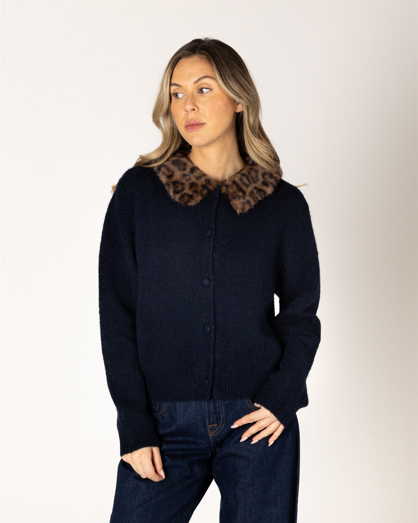 navy button up cardigan with leopard print fur collar