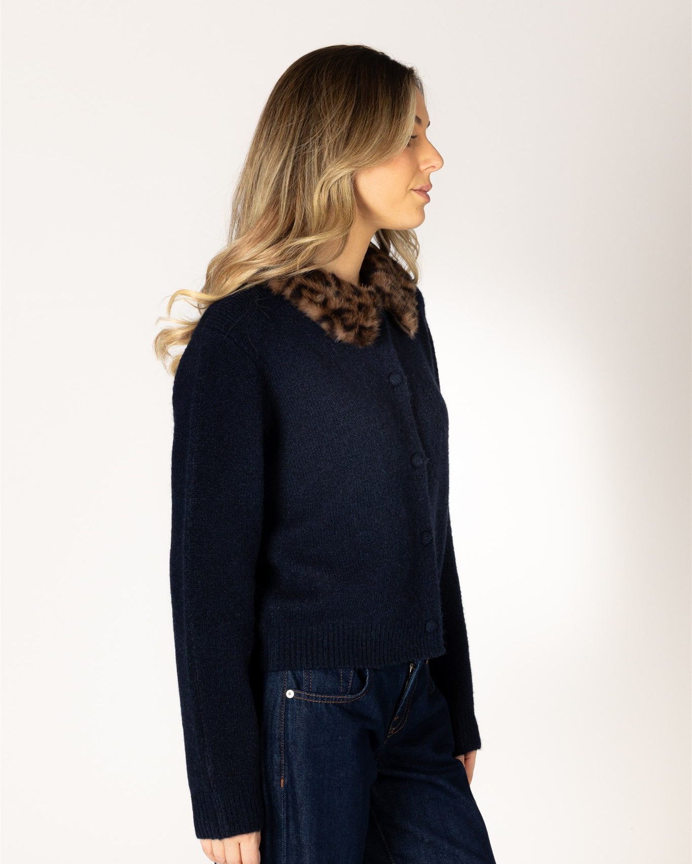 navy button up cardigan with leopard print fur collar