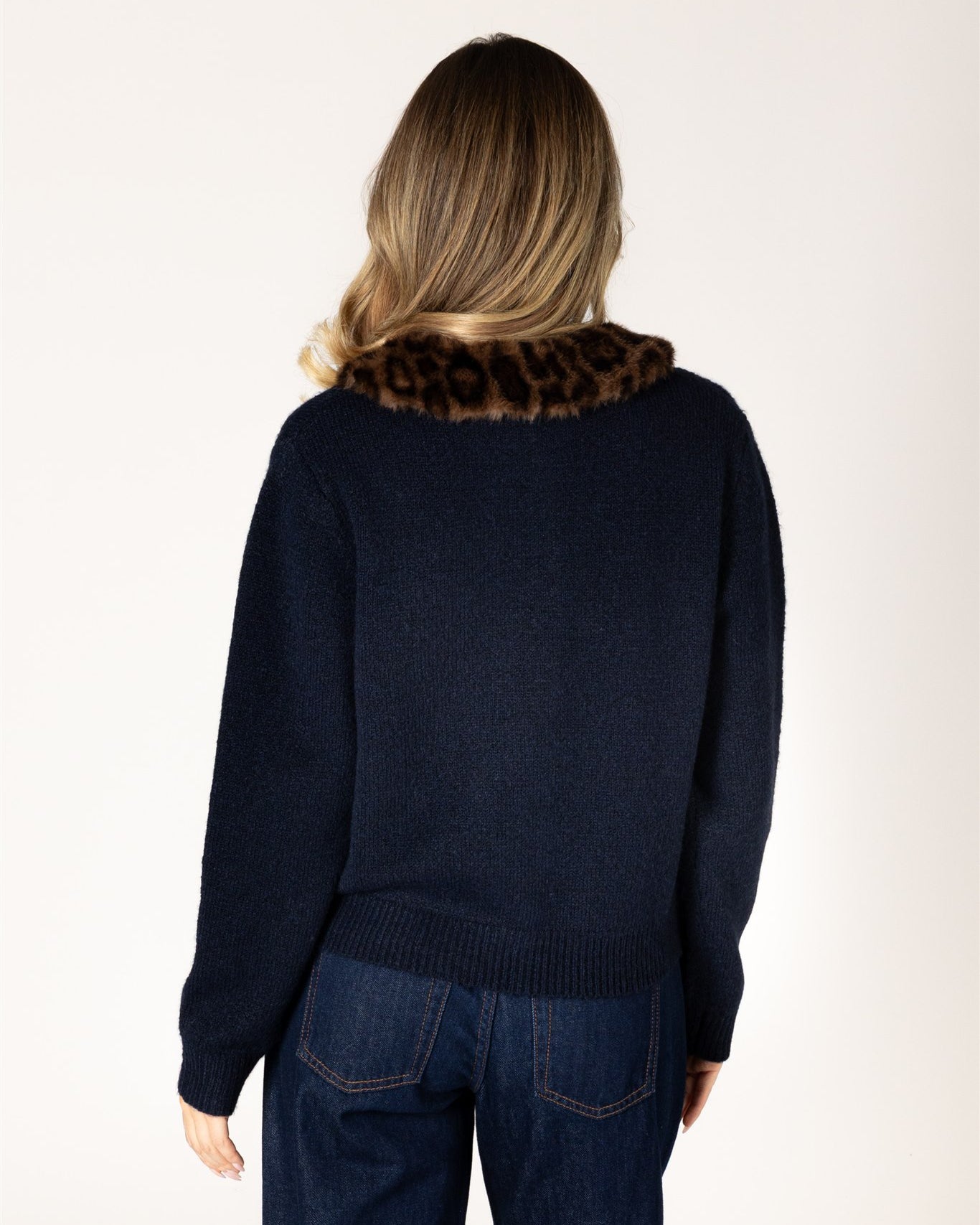 navy button up cardigan with leopard print fur collar