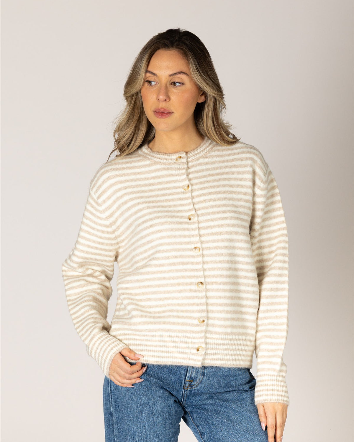 off white and beige striped cardigan