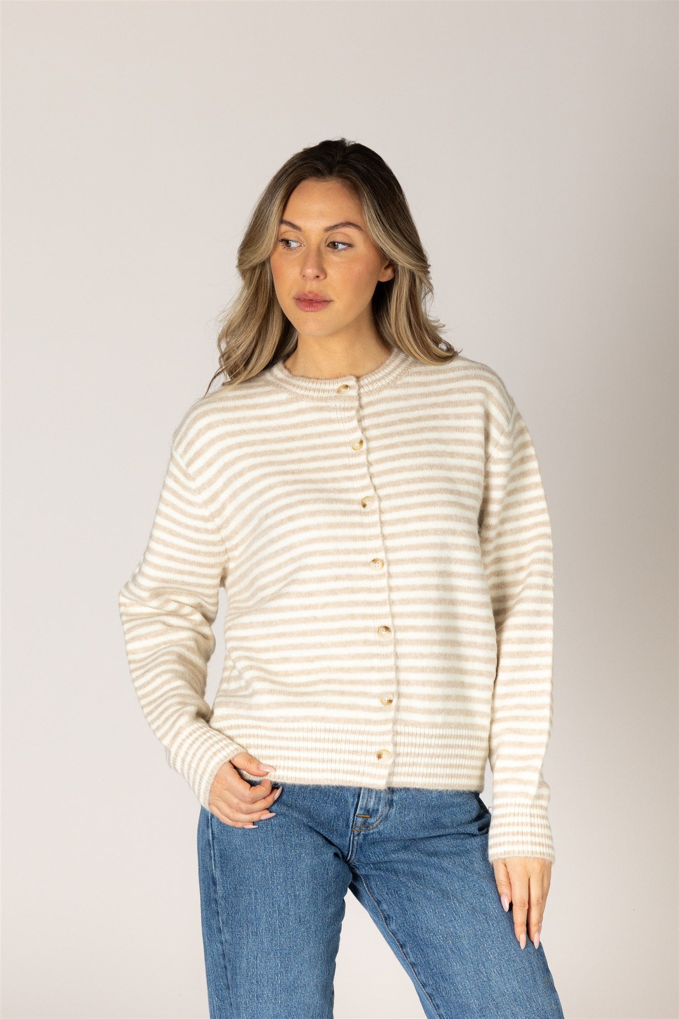 off white and beige striped cardigan