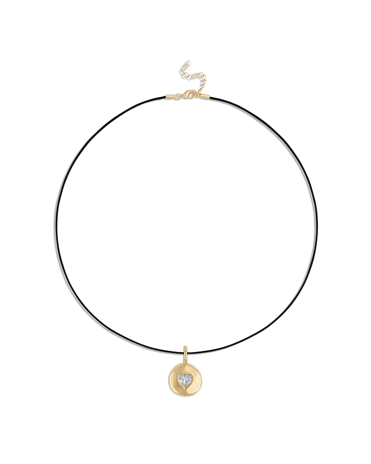 a leather necklace with round gold heart pendant