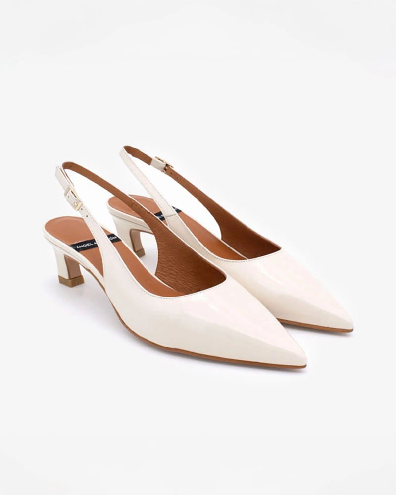 Cream Pointed Toe Slingback Shoes with Kitten Heel in Cream by Angel Alarcon
