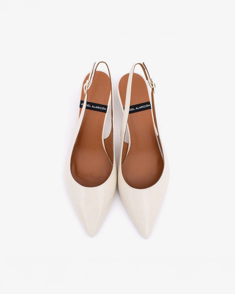 Cream Pointed Toe Slingback Shoes with Kitten Heel in Cream by Angel Alarcon