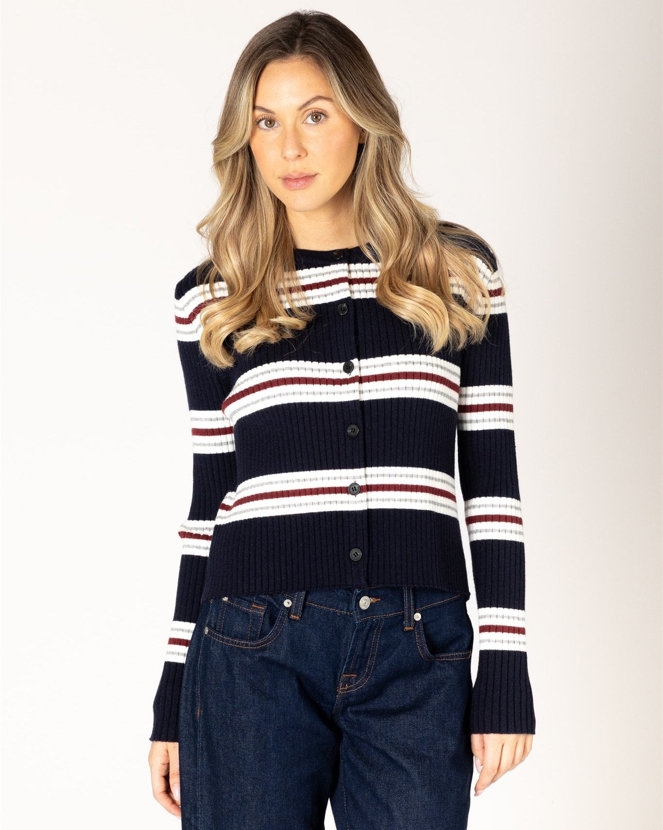 navy, white and red striped cardigan
