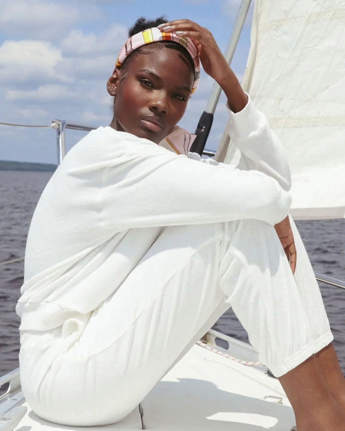 White Terry Lounge Sweater and Sweatpants Resortwear by Viens avec Moi