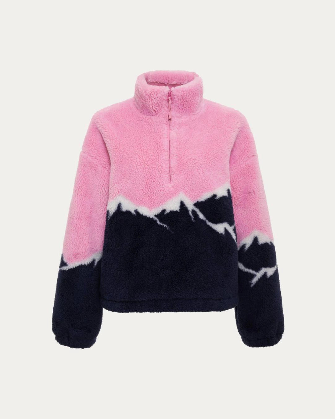 a plush sherpa quarter zip sweater in pink with a navy blue mountain top