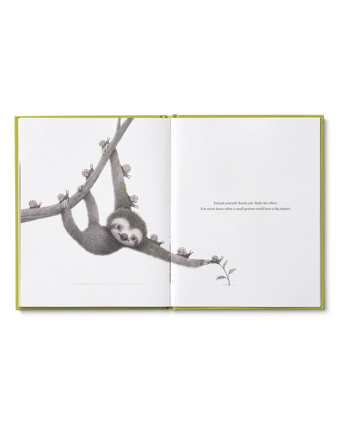 Page of Children's Book called 'Being Kind: How to add more meaning to your moments' by Kobi Yamada with a sloth helping snails off a branch