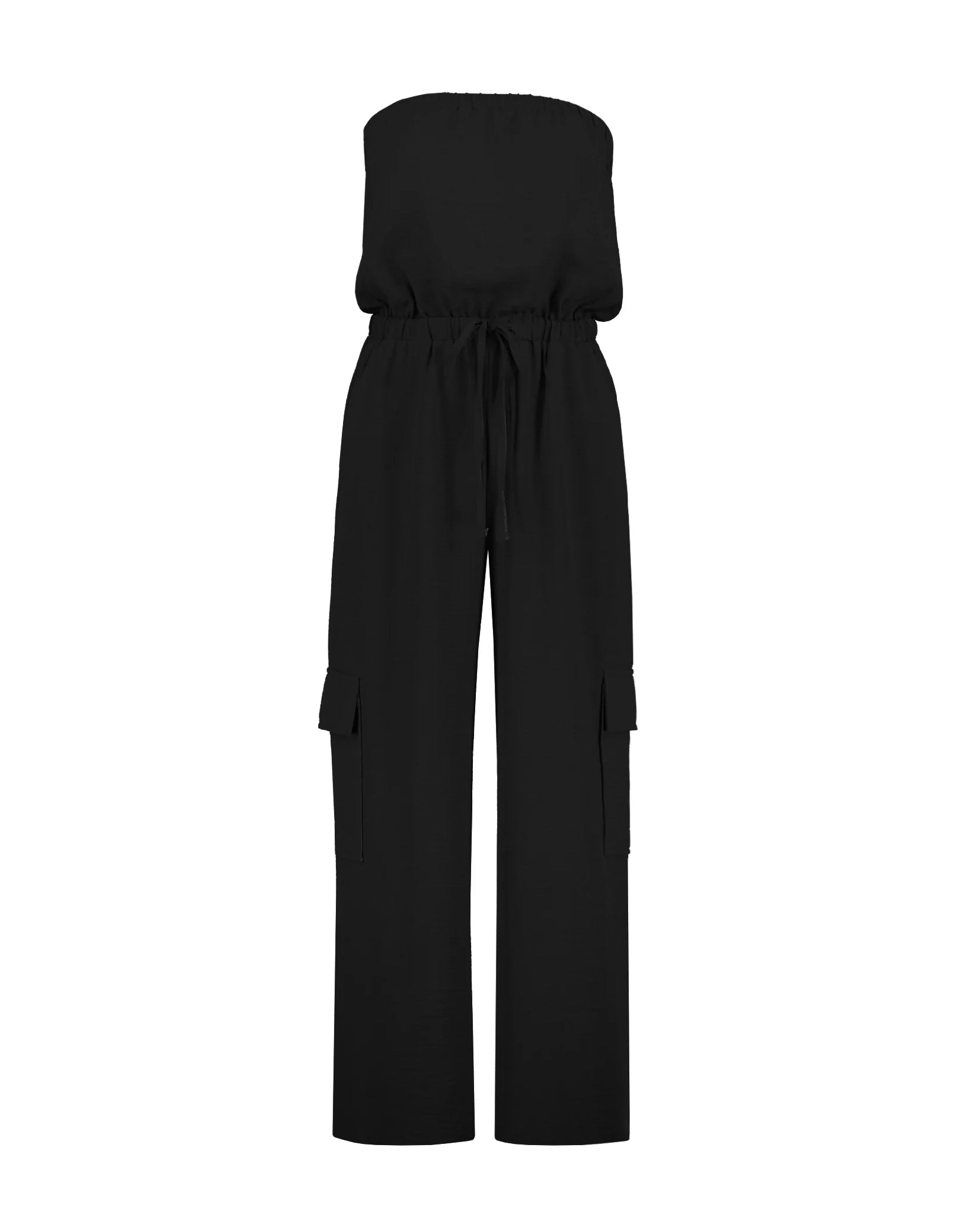A woman wearing a black strapless jumpsuit with side and cargo pockets