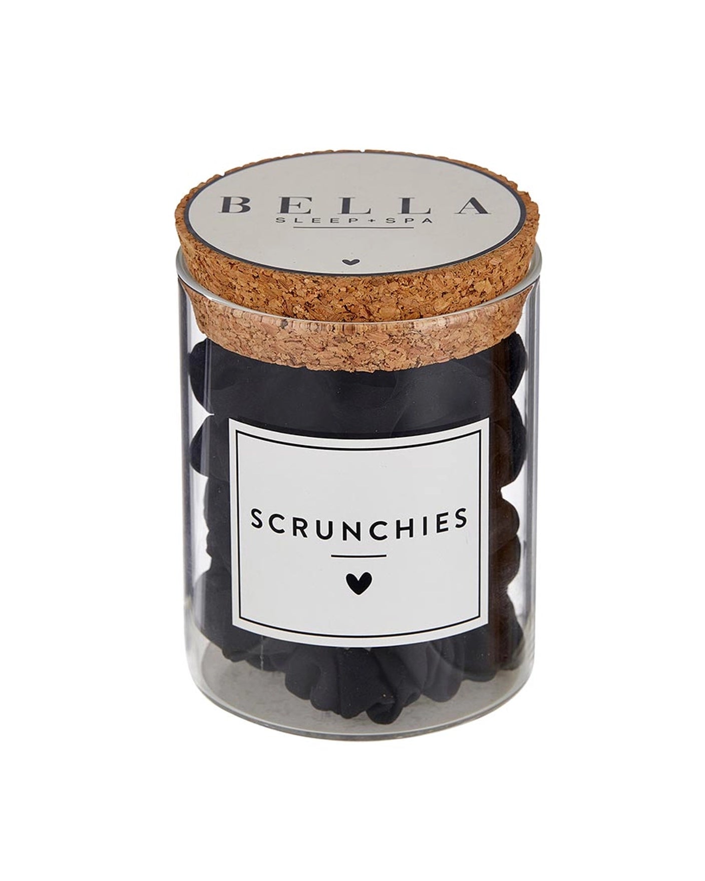 a glass jar of black satin scrunchies for gifting