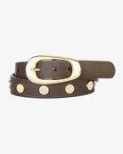 leather belt with gold buckle and round studs around the belt