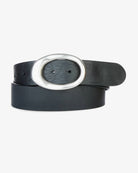 black leather belt with a silver buckle