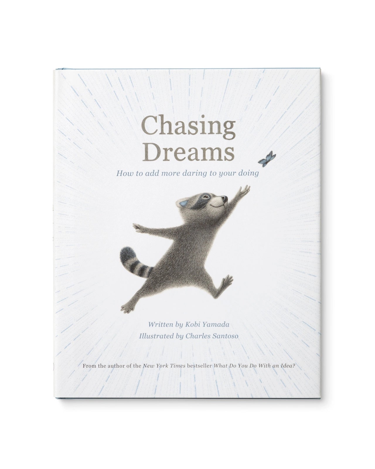 Cover of Children's Book called 'Chasing Dreams: how to add more daring to your doing' by Kobi Yamada with a raccoon reaching for a butterfly