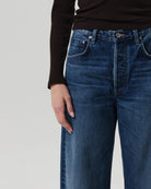 Close up of Citizens of Humanity Ayla Baggy blue denim jeans with a wide barrel look