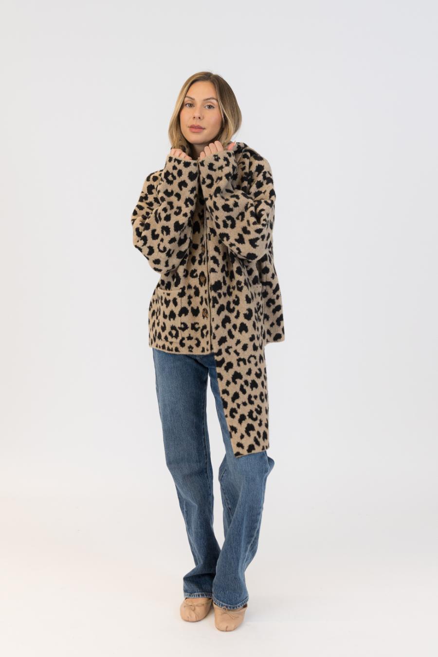 animal print coat with scarf
