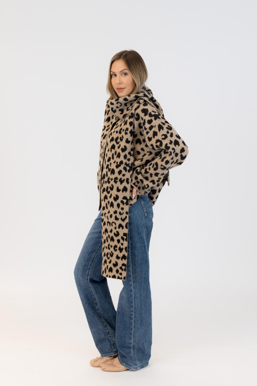 animal print coat with scarf