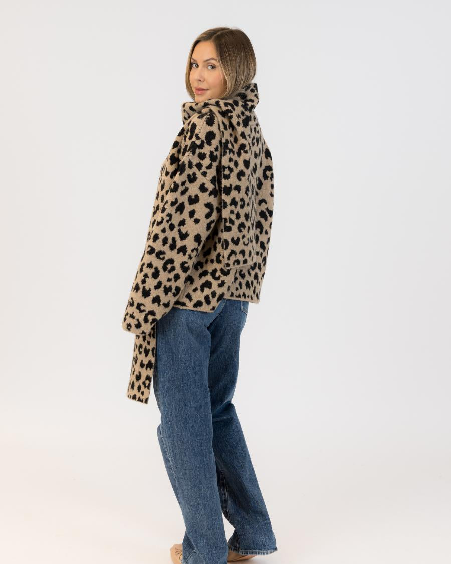 animal print coat with scarf