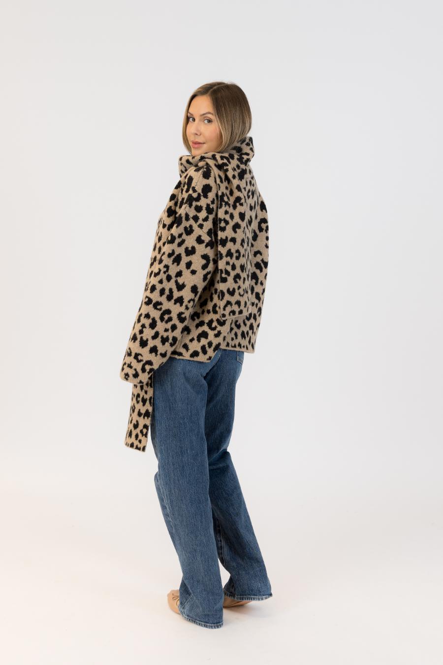 animal print coat with scarf