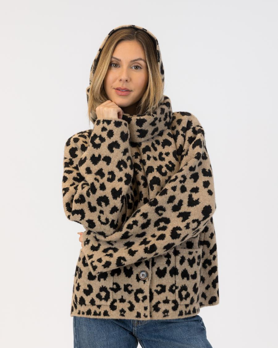 animal print coat with scarf