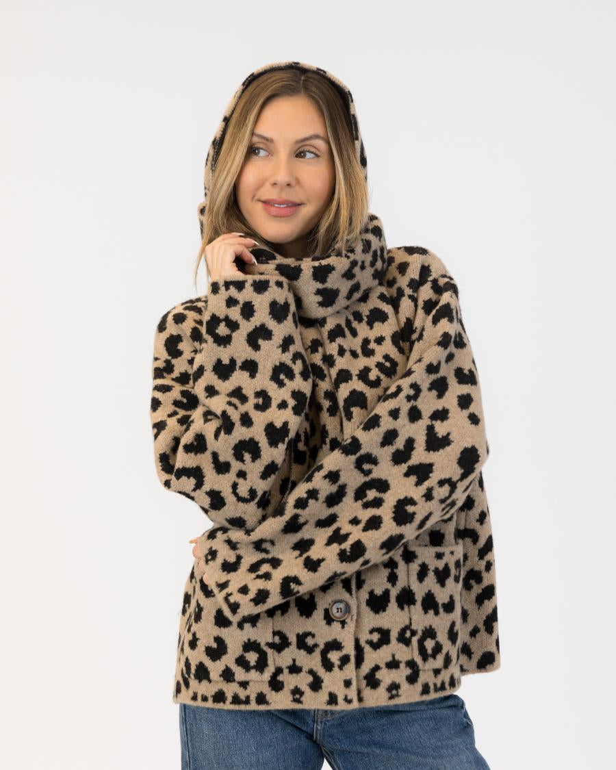 animal print coat with scarf