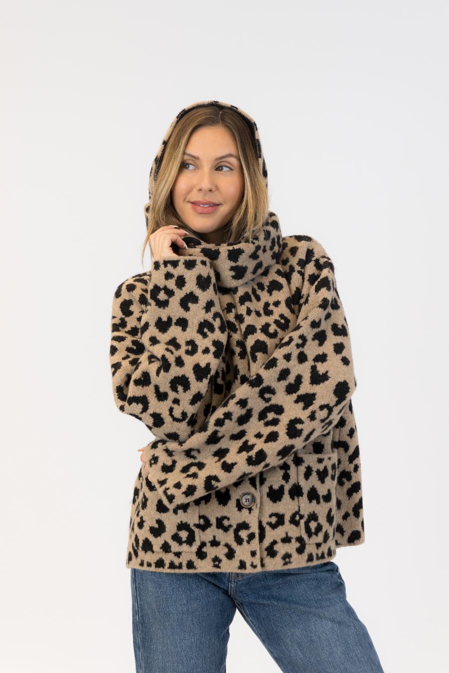 animal print coat with scarf
