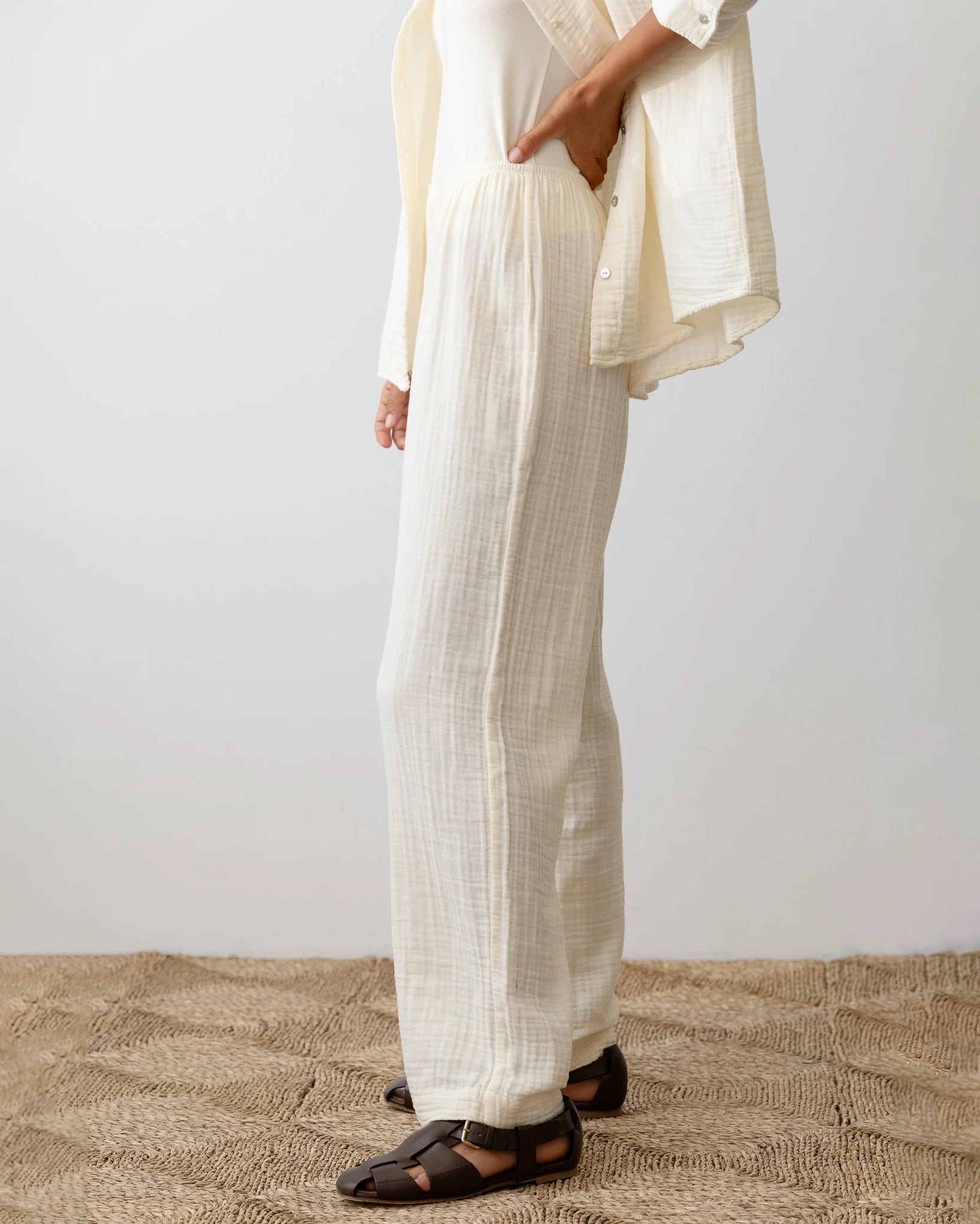 Woman wearing cream wide leg pants