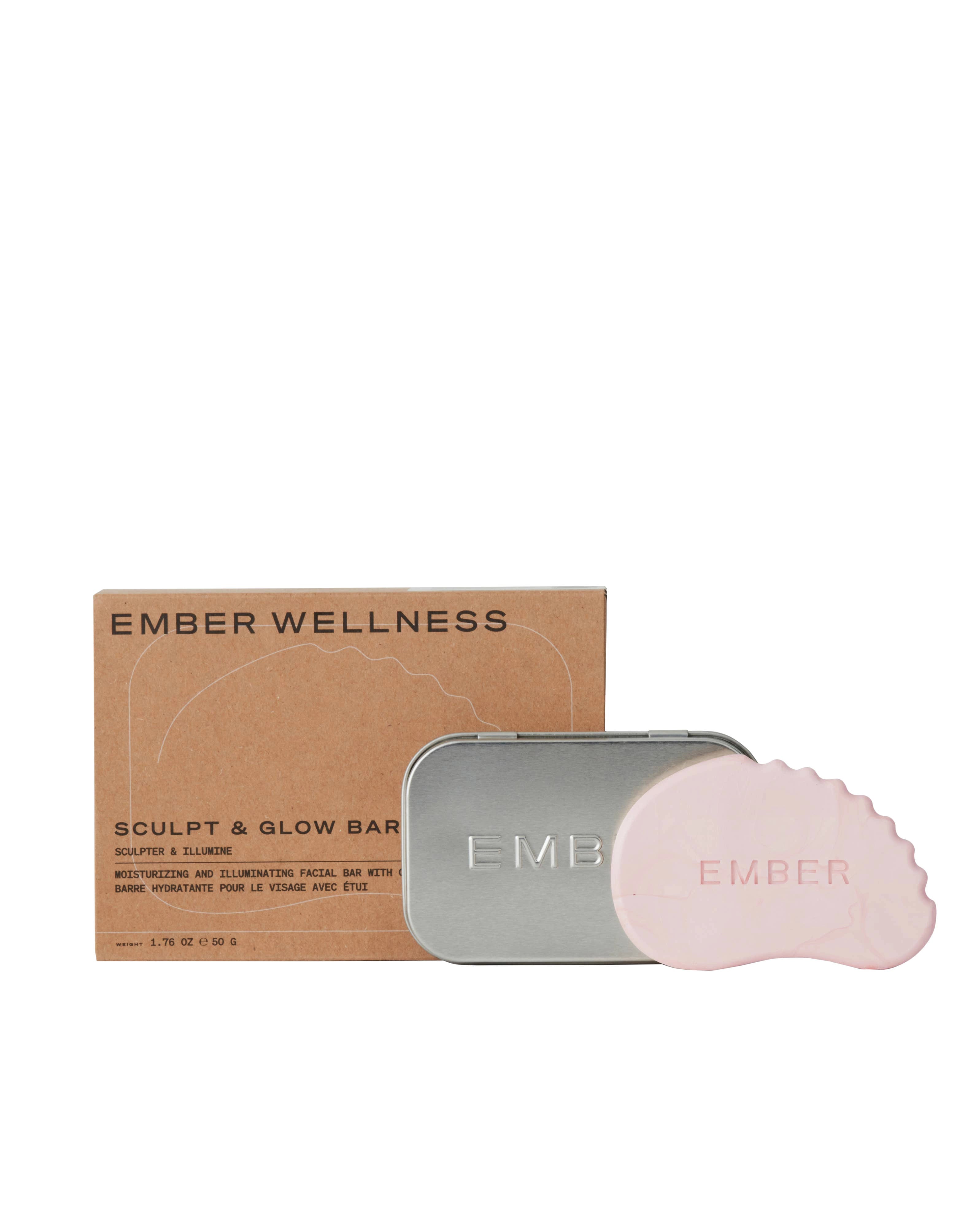 Ember Wellness product set including a highlighting moisture bar in rose quartz colour and metal case