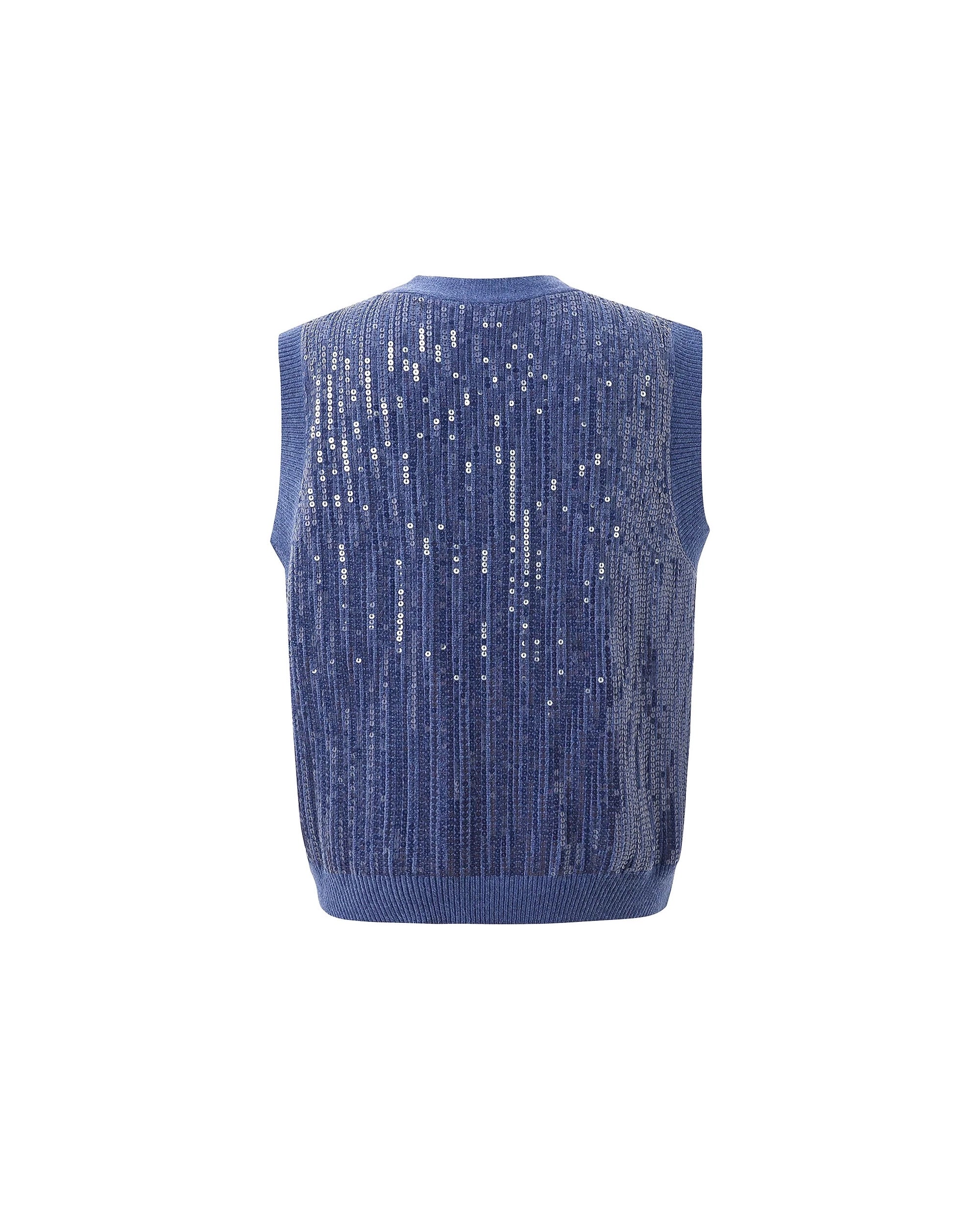 A blue sequin knit button down vest cardigan