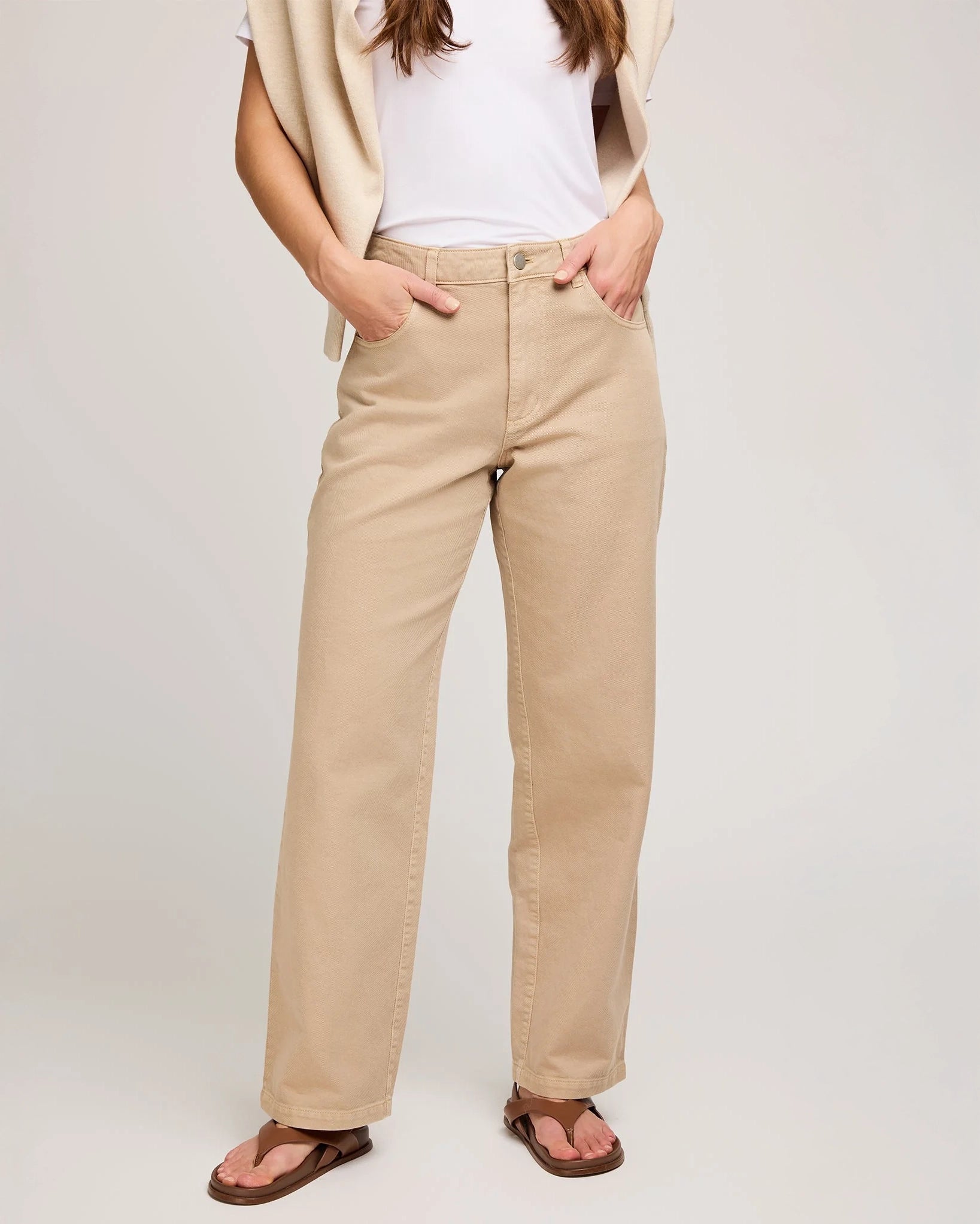woman wearing cotton twill tan pants by Gentle Fawn