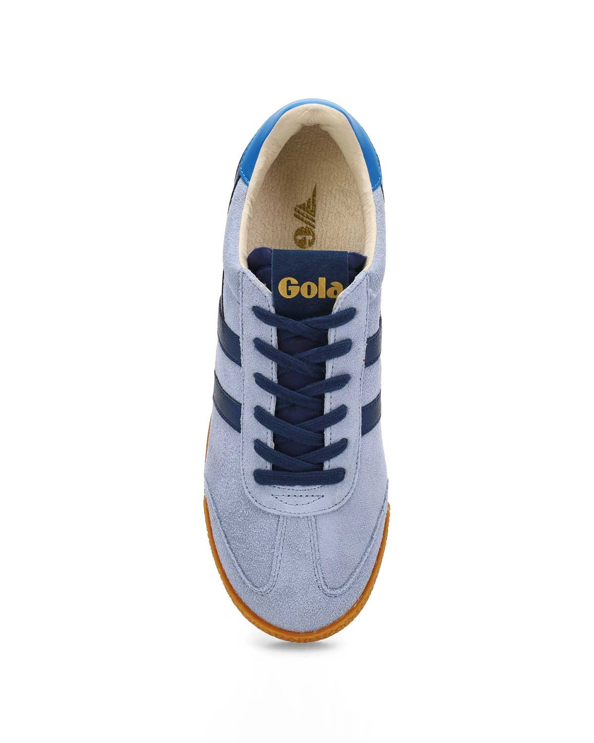 Suede Sneaker with light blue, cobalt blue and navy blue with 'Gola' brand on them in gold