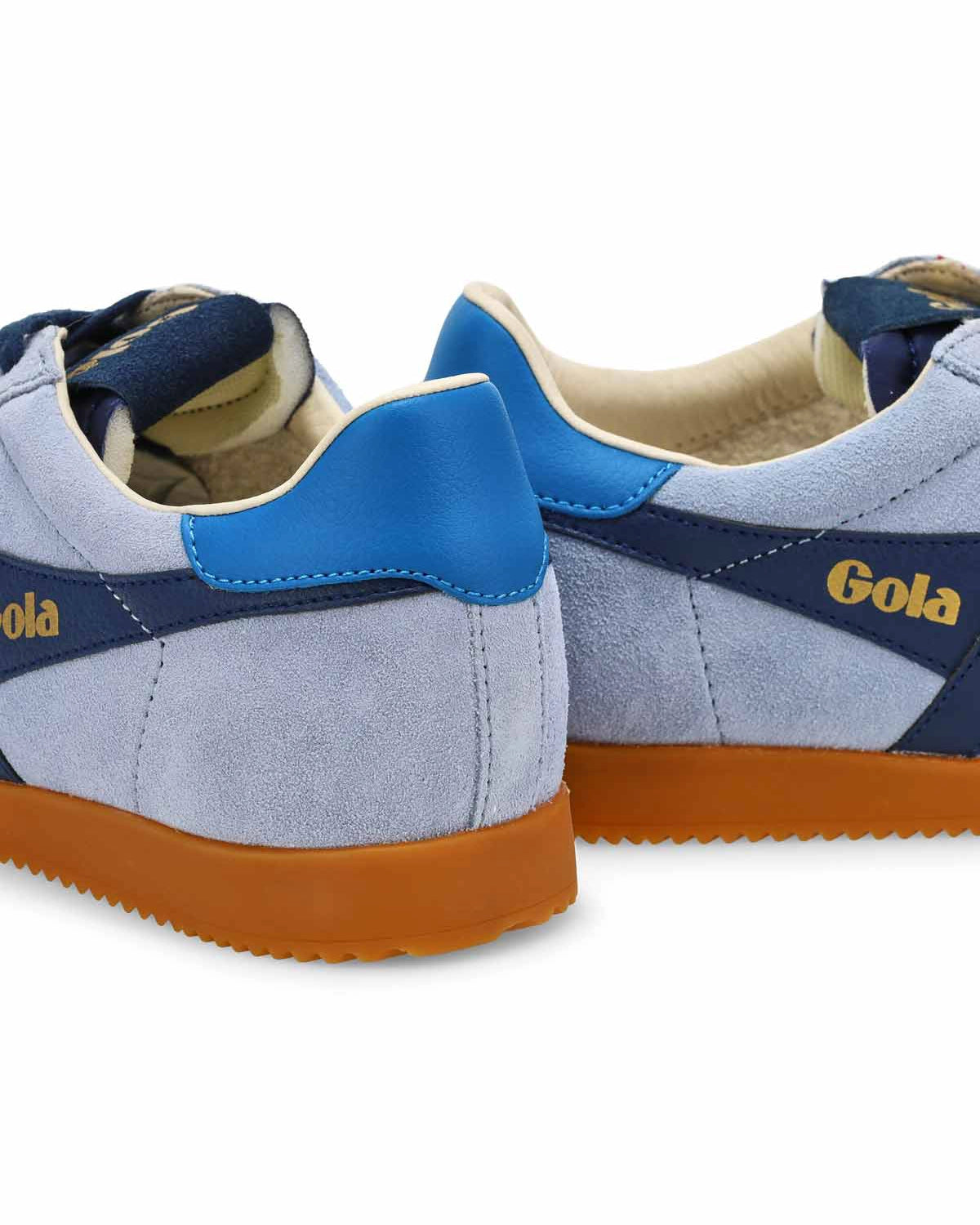 Suede Sneaker with light blue, cobalt blue and navy blue with 'Gola' brand on them in gold