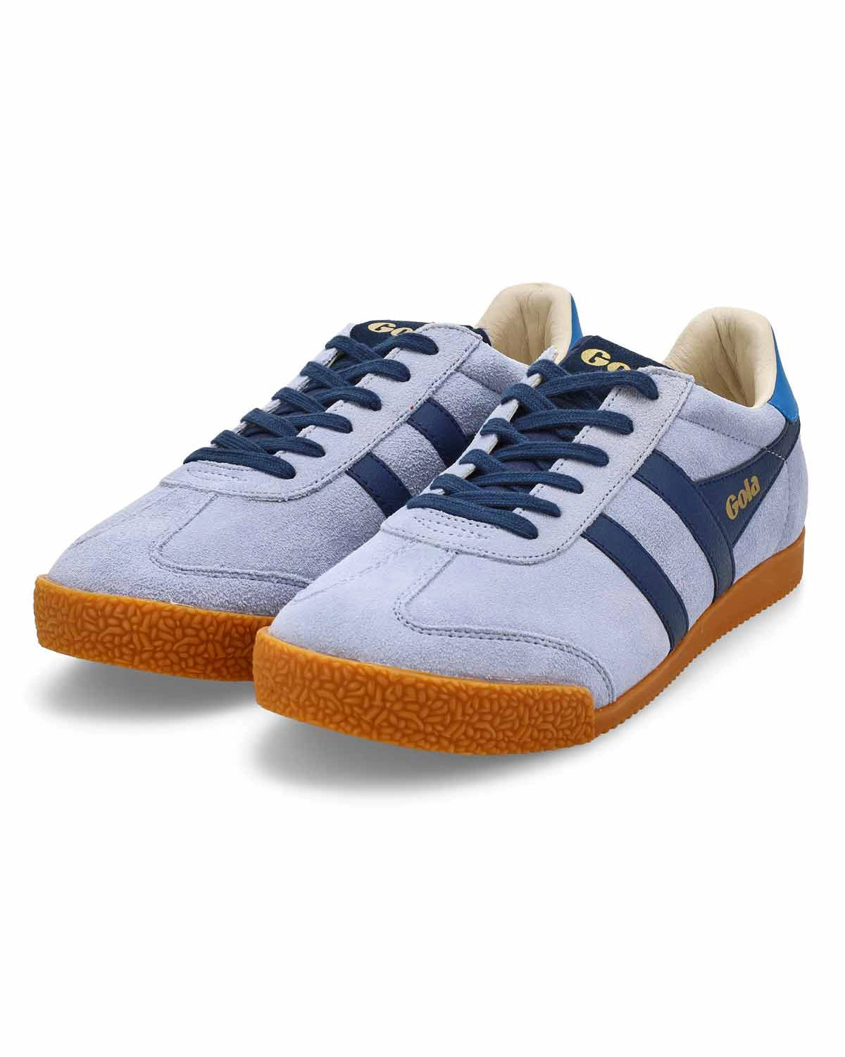 Suede Sneaker with light blue, cobalt blue and navy blue with 'Gola' brand on them in gold