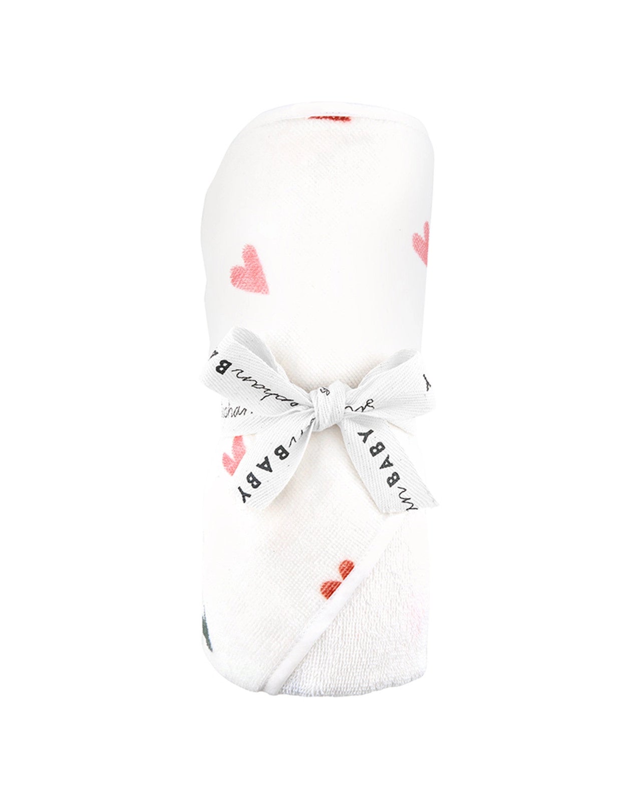 A children's hooded towel with a heart pattern on it wrapped up for gifting