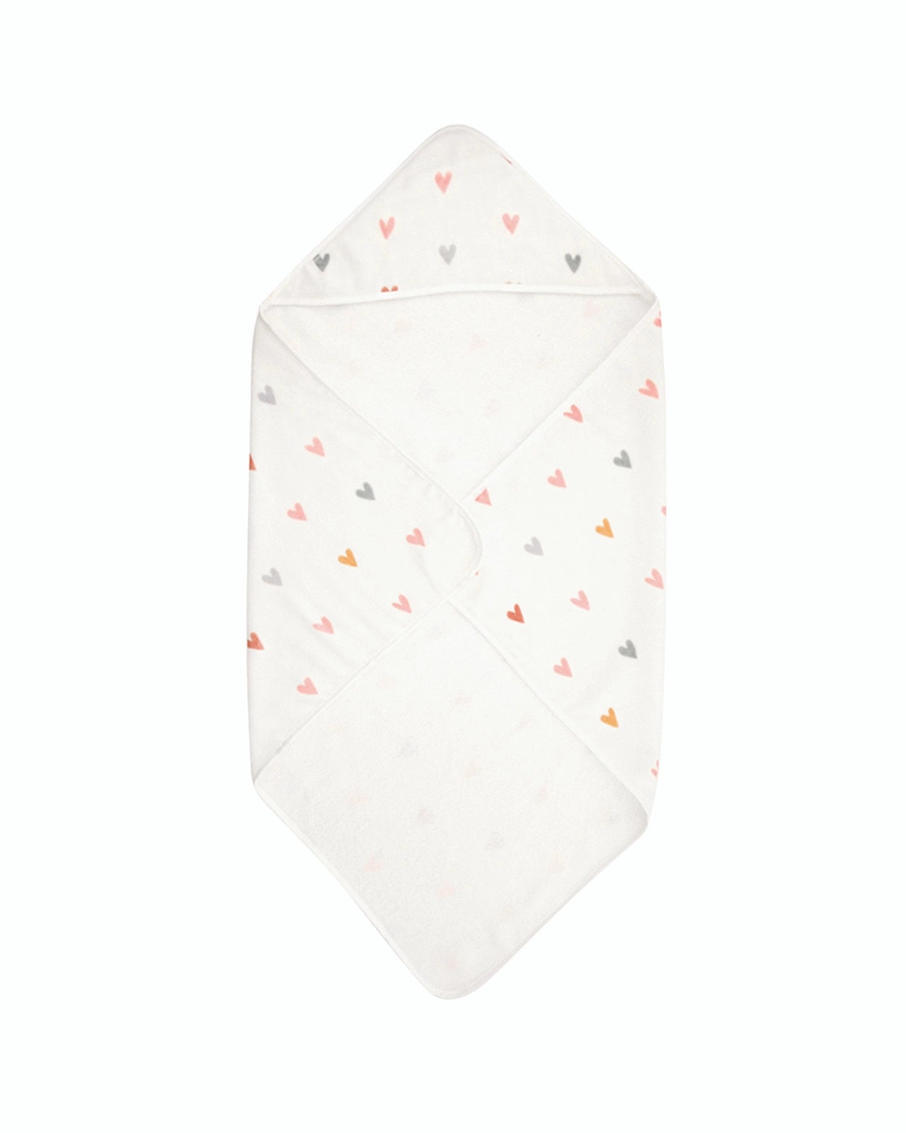 A children's hooded towel with a heart pattern on it