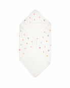 A children's hooded towel with a heart pattern on it