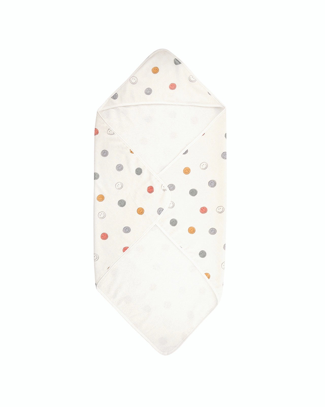 A children's hooded towel with a smiley face pattern on it