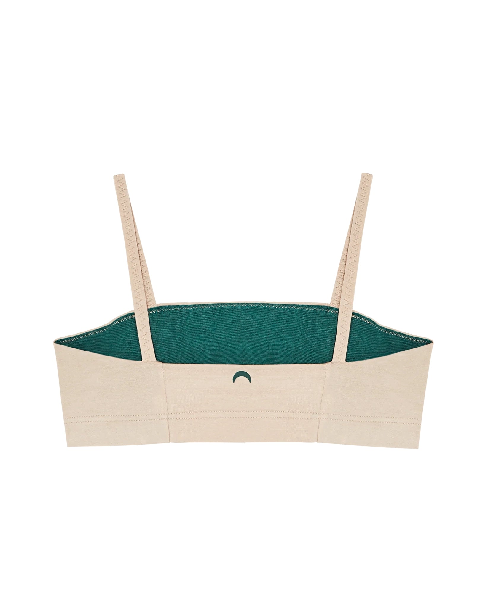 Backwards view of beige bandeau sports modal bralette