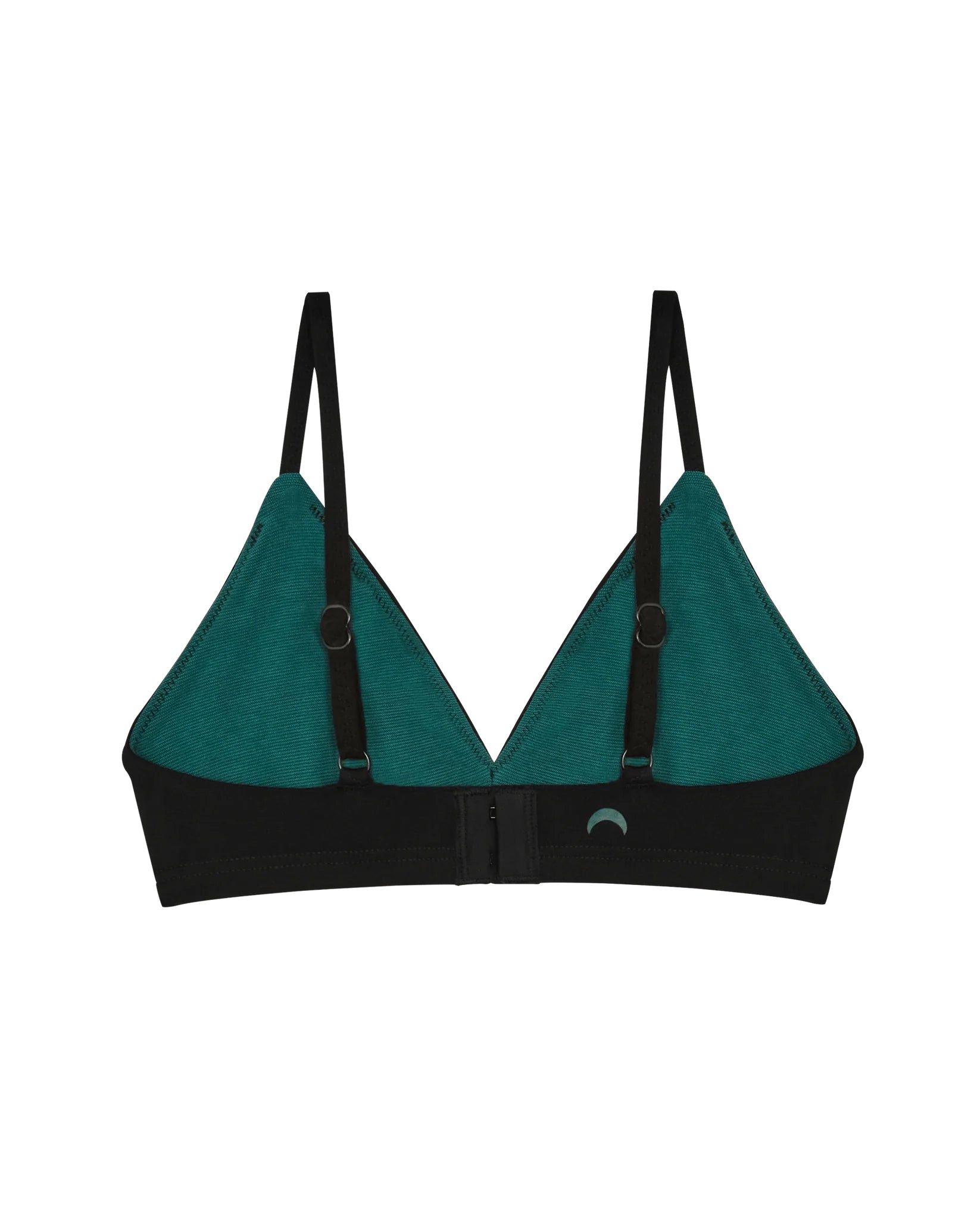 view of back of the black triangle wireless bra by Huha