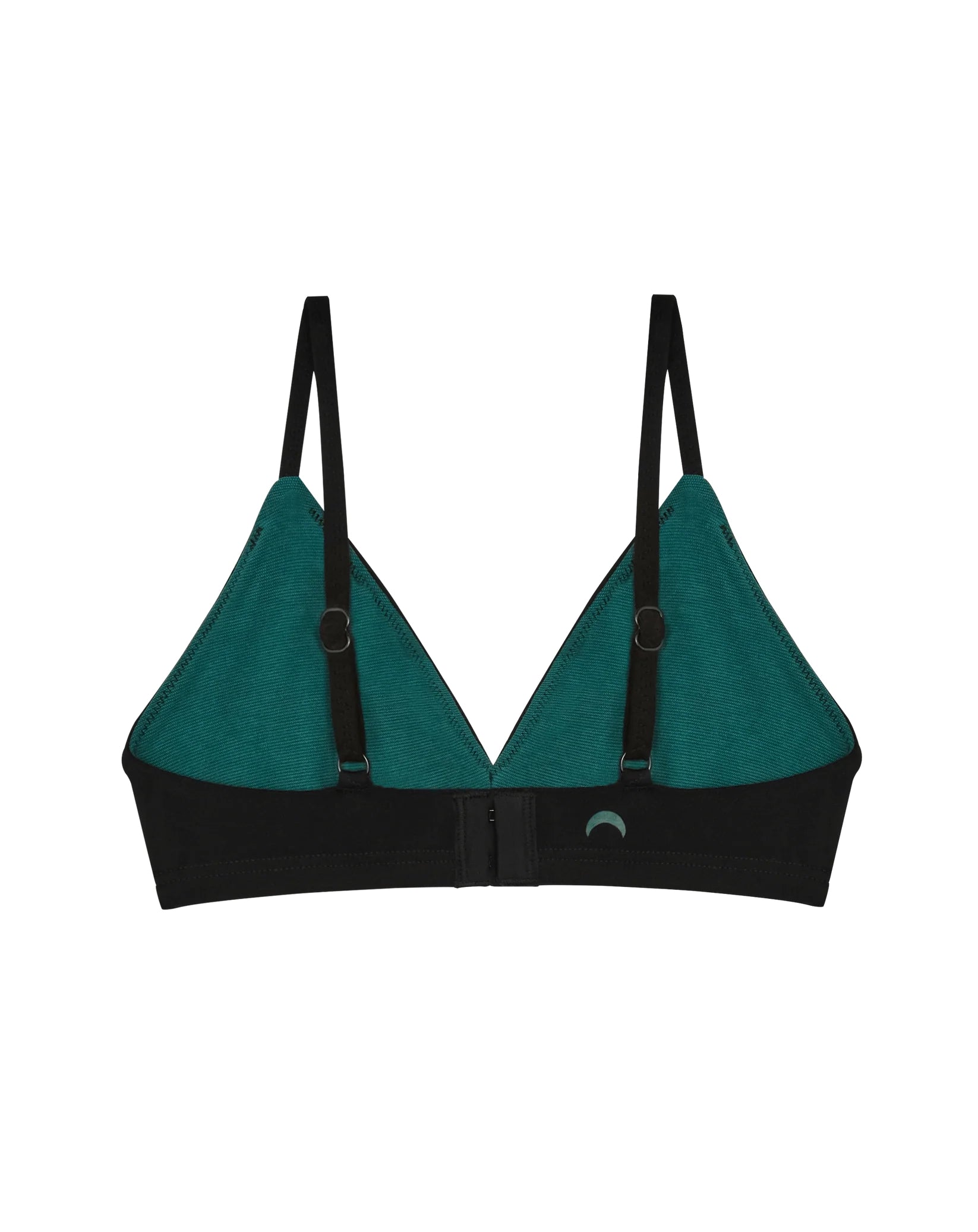 view of back of the black triangle wireless bra by Huha