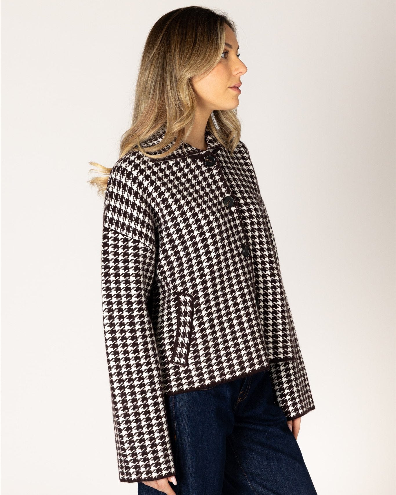 short coat in brown and white houndstooth design