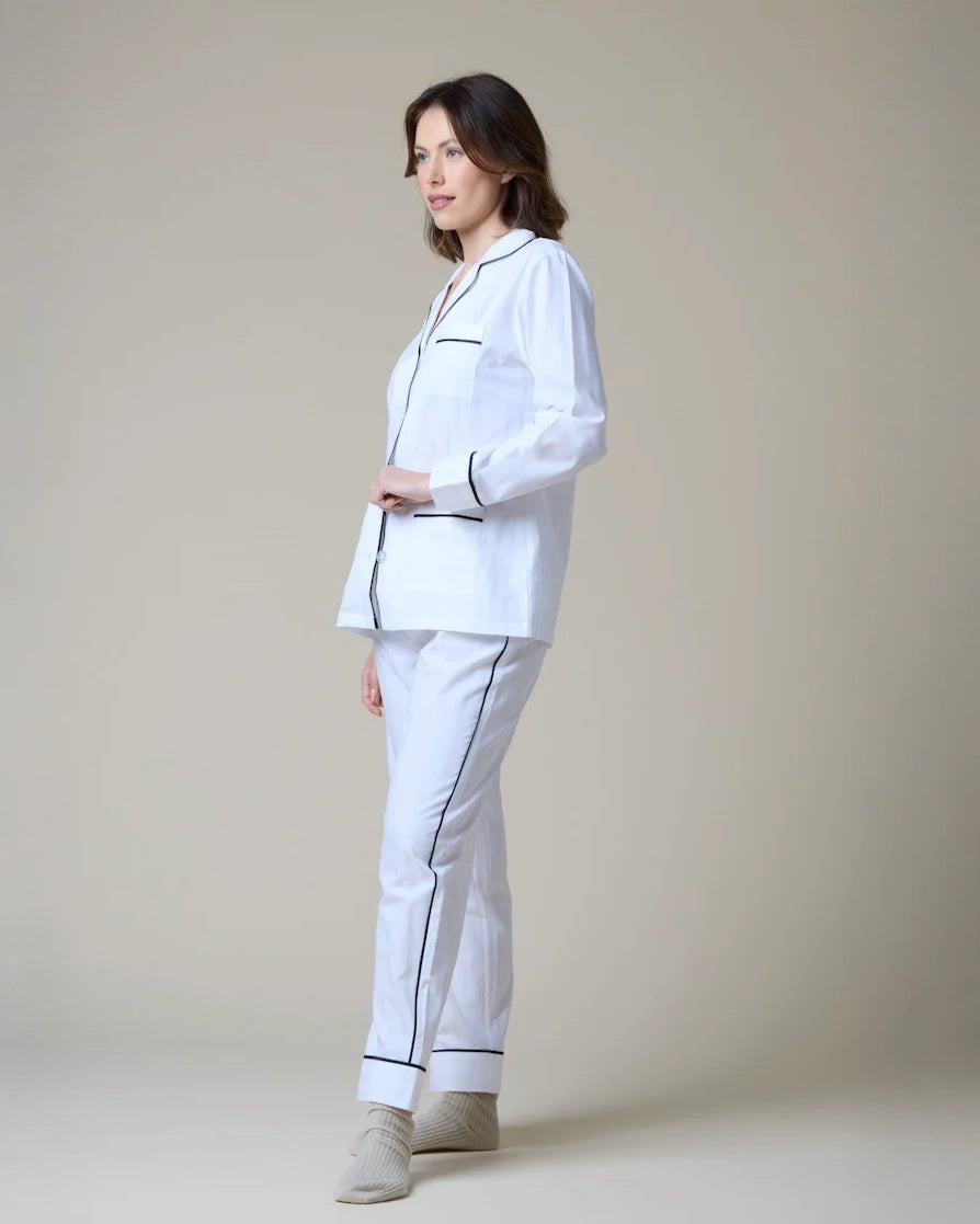cotton pajama set with long sleeve and pants in white with black piping