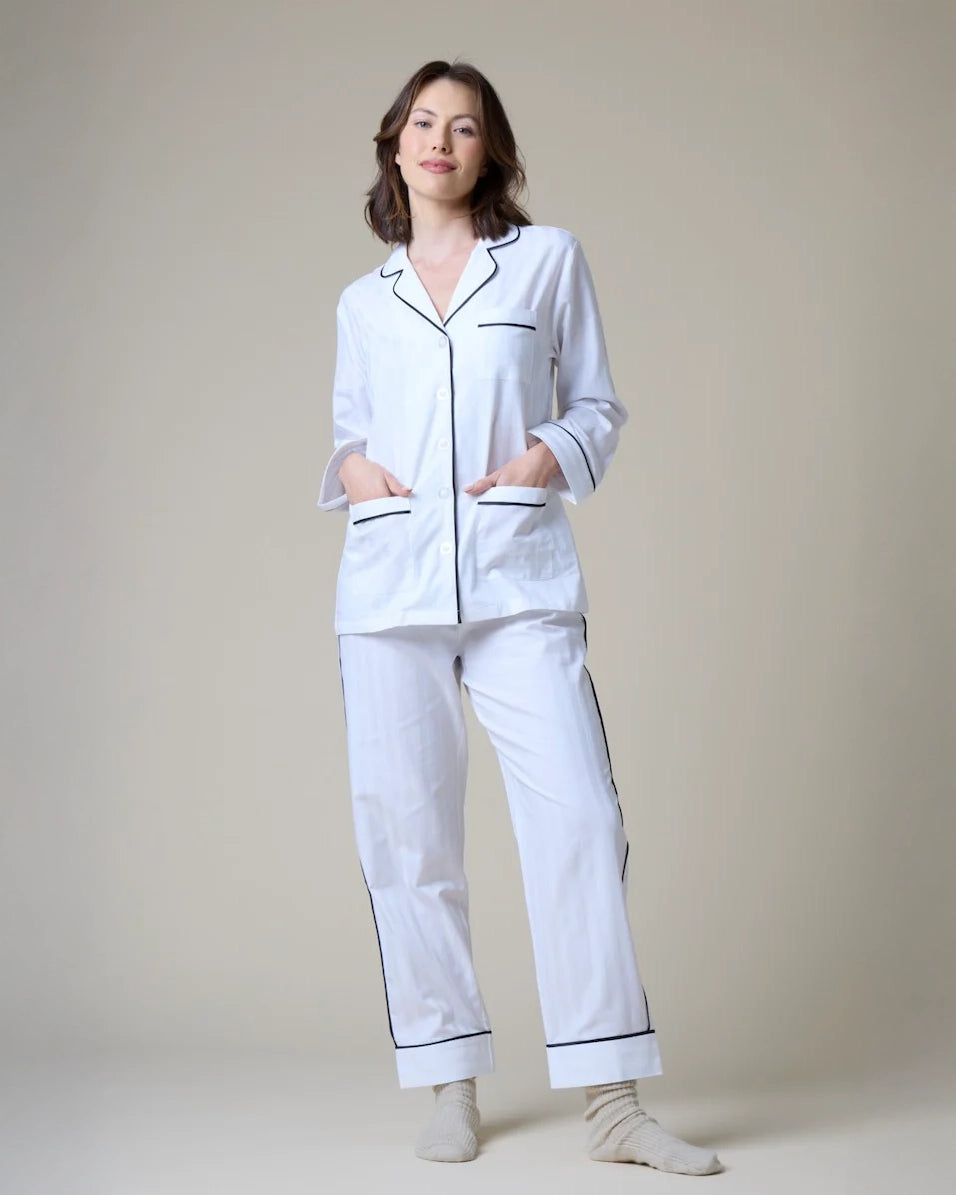 cotton pajama set with long sleeve and pants in white with black piping